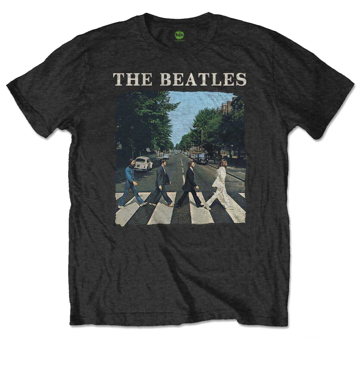 Official black childrens beatles t shirt with classic abbey road print featuring the fab four on the front