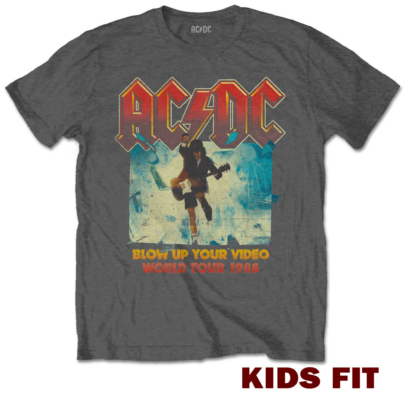 Gray kids t-shirt with official AC/DC graphic design featuring a angus playing guitar.