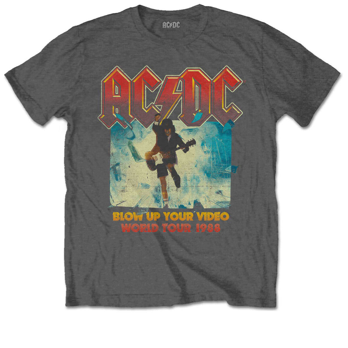 Gray kids t-shirt with official AC/DC graphic design featuring a angus playing guitar.