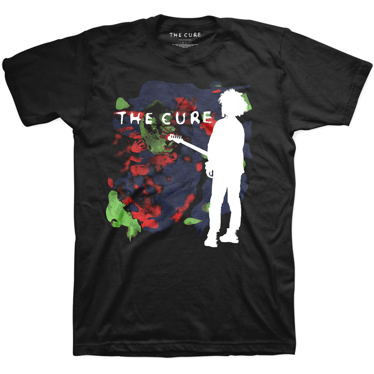 Official The Cure Boys Don't Cry Black T Shirt in colour and white Robert Smith print on the front
