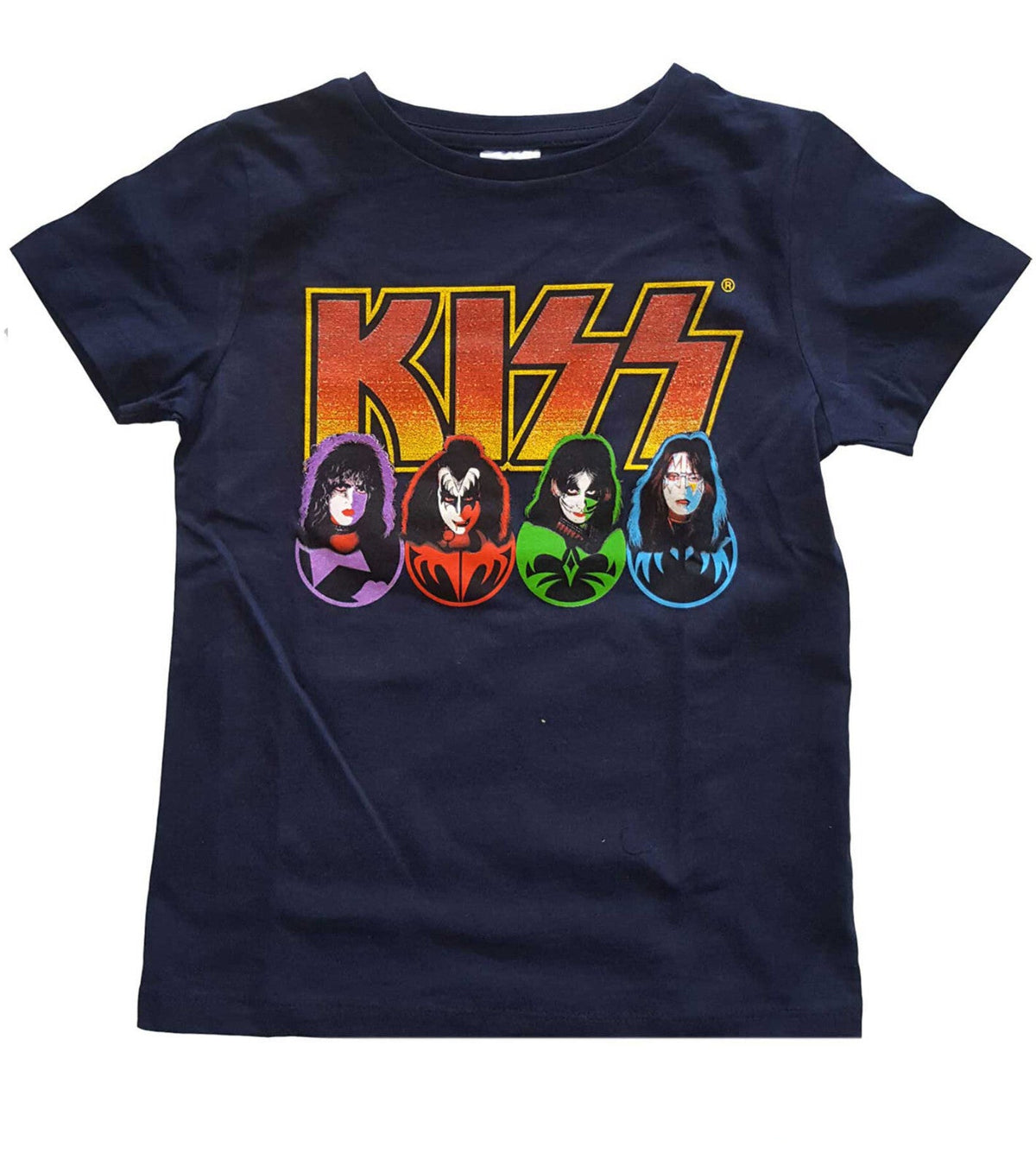 official Kiss Navy blue childrens t-shirt with Kiss band members' portraits and 'Kiss' logo on a white background.