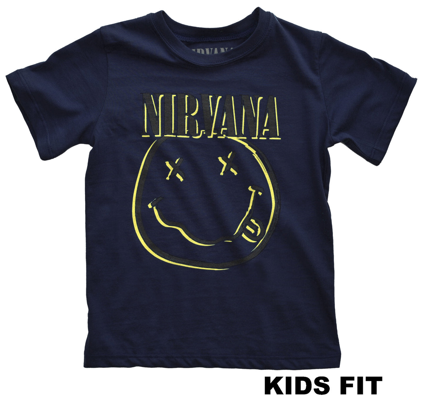 Dark blue official Nirvana t shirt with inverted smiling face graphic print and Nirvana Text logo on front