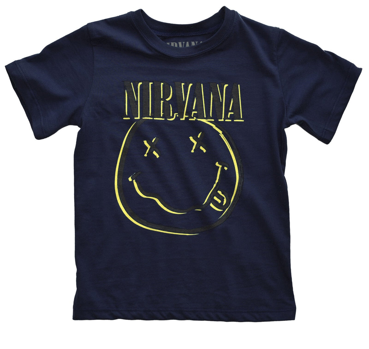 Dark blue official Nirvana t shirt with inverted smiling face graphic print and Nirvana Text logo on front
