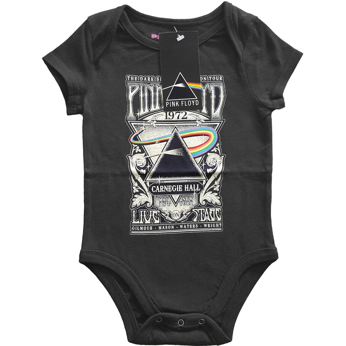 a black pink floyd babygrow with Carnegie Hall graphic on the front
