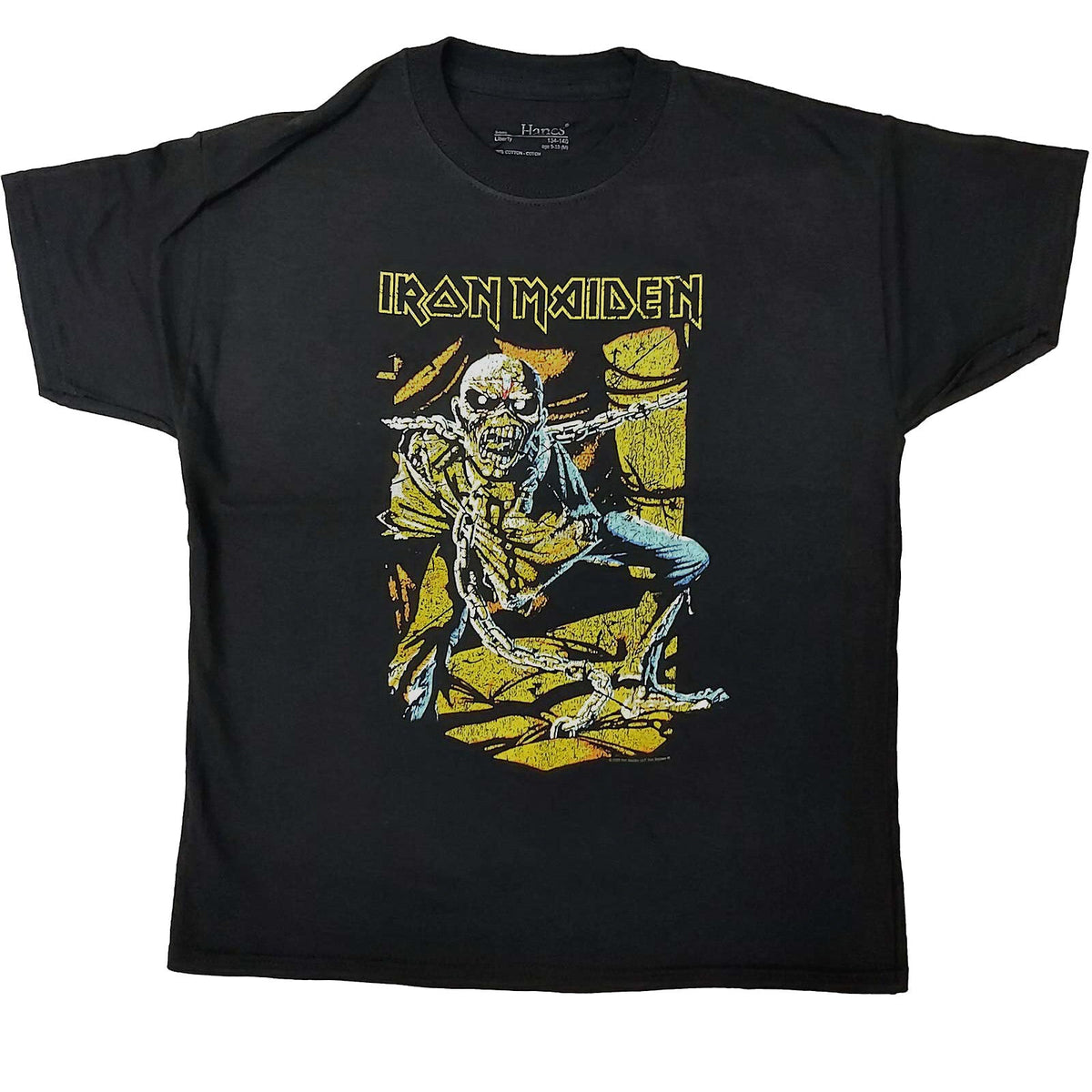 a black iron maiden childrens t shirt with the piece of mind album cover artwork on the front