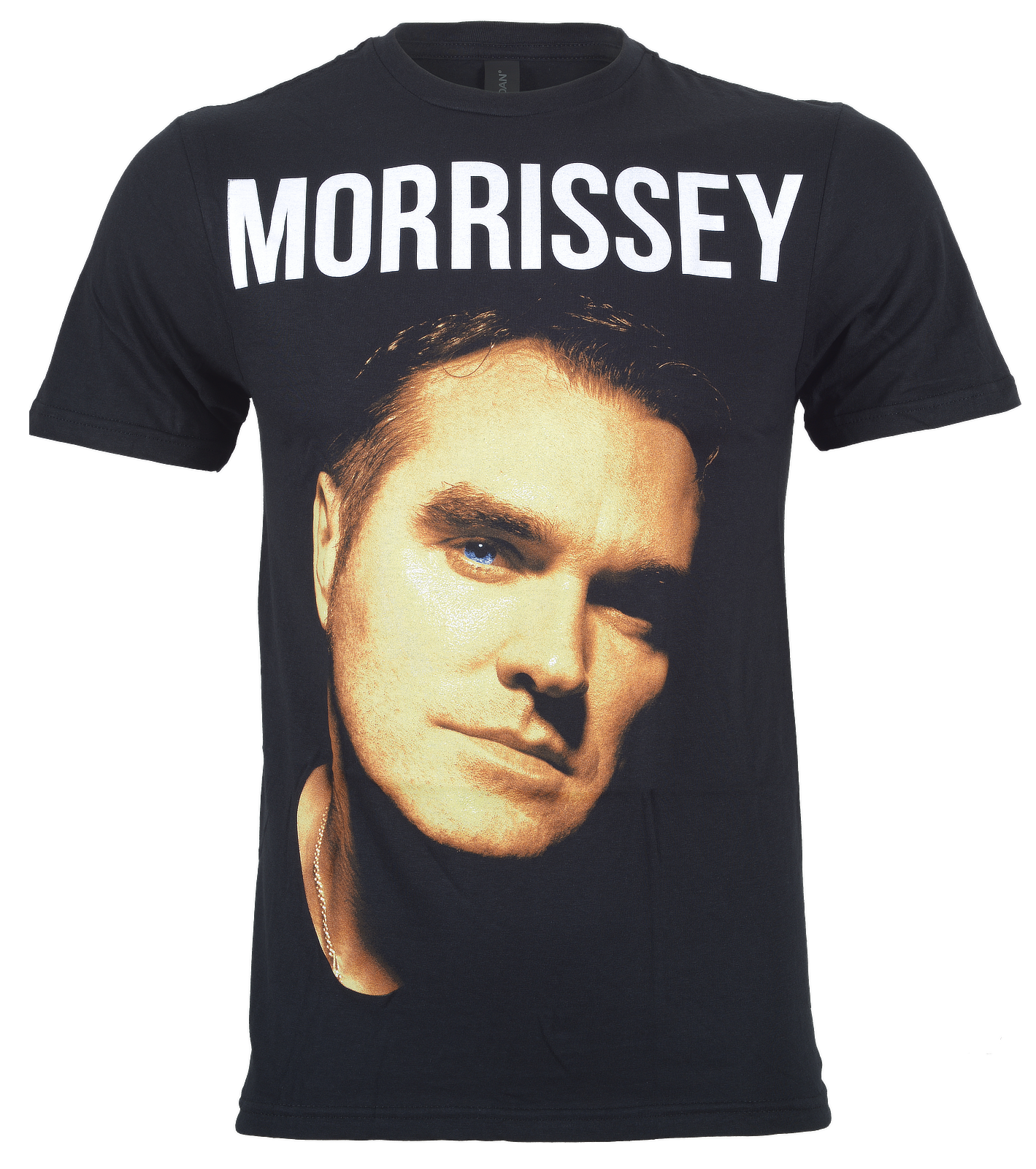 A black officially licensed Morrissey t shirt with the word morrissey and a colour photo of morrissey