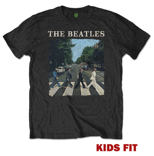 Official black childrens beatles t shirt with classic abbey road print featuring the fab four on the front