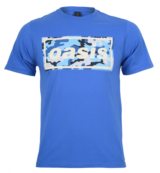Blue official Oasis T Shirt with a graphic design of a camo Oasis logo on the front