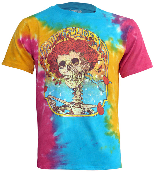 Official Grateful Dead Colorful tie-dye t-shirt with a skeleton and roses Bertha design on the front