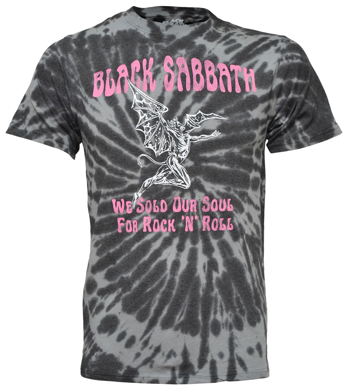 a Black Sabbath Grey black tie dye t shirt with Balck Sabbath, we sold our soul for rock n roll and  an image of red henry on the front