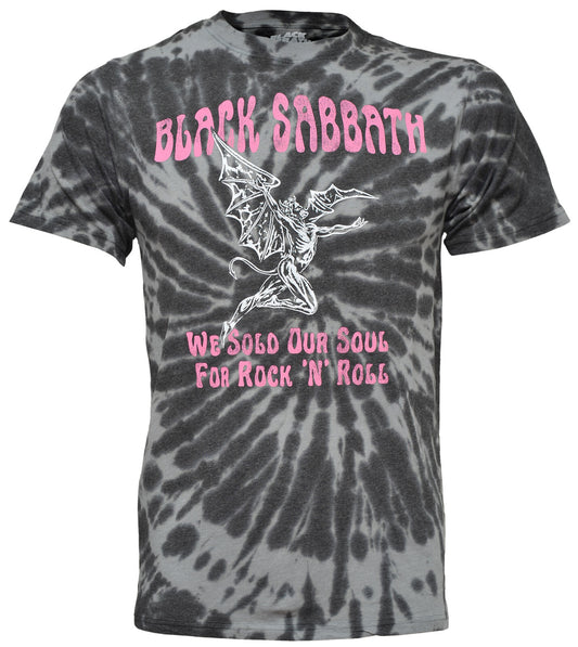 a Black Sabbath Grey black tie dye t shirt with Balck Sabbath, we sold our soul for rock n roll and  an image of red henry on the front