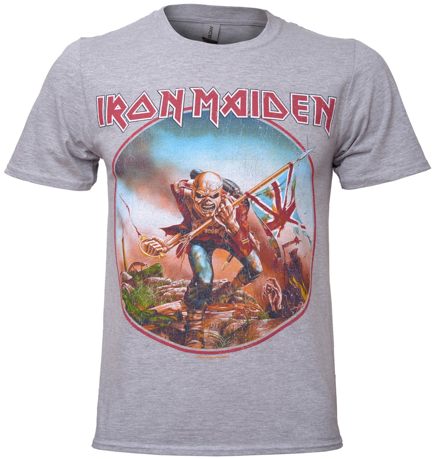 grey Iron Maiden official t shirt with The Trooper graphic in circle on the front