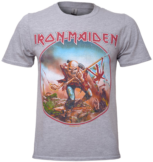 grey Iron Maiden official t shirt with The Trooper graphic in circle on the front