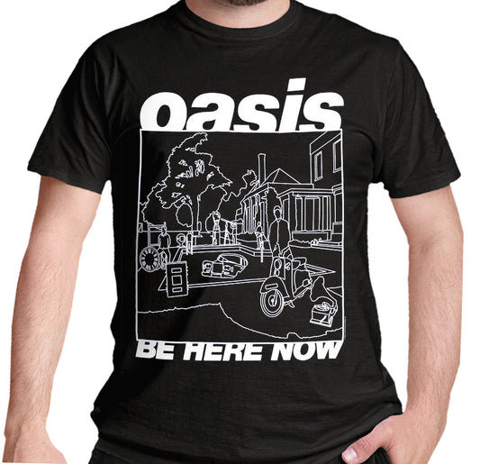 Oasis Be Here Now line drawing ofiicially licensed design on a black t shirt
