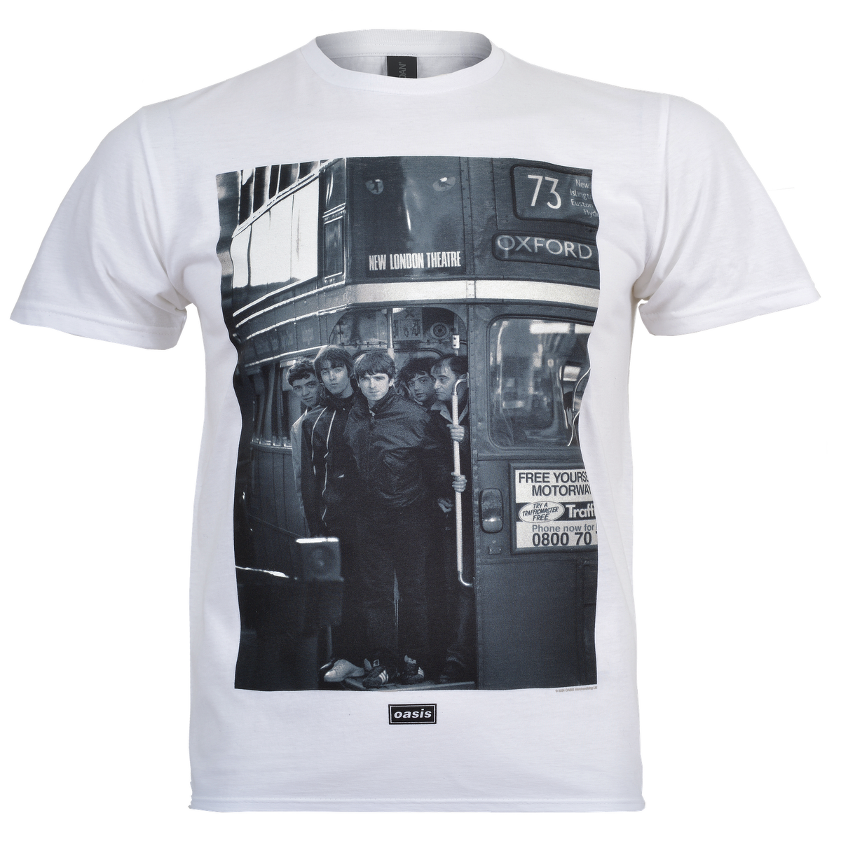 official Oasis T Shirt white with an image of Oasis on the back of a London Bus taken by Kevin Cummins with Black and white Decca Logo on the front