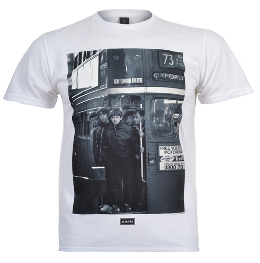 official Oasis T Shirt white with an image of Oasis on the back of a London Bus taken by Kevin Cummins with Black and white Decca Logo on the front