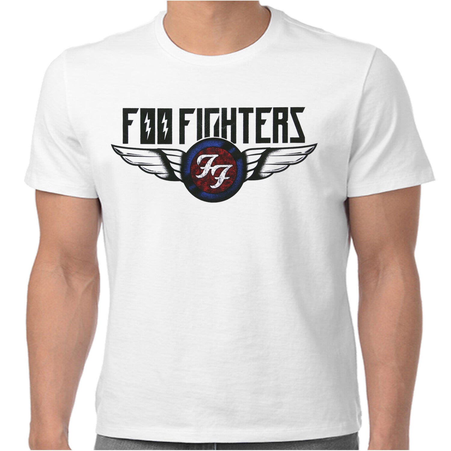 White official Foo Fighters t-shirt with Foo Fighters logo worn by a person on a white background