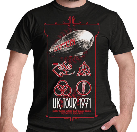 a black led zeppelin tshirt with an official graphic print of a UK 1971 tour flyer featuring  zeppelin airship, zoso symbols and place names on front