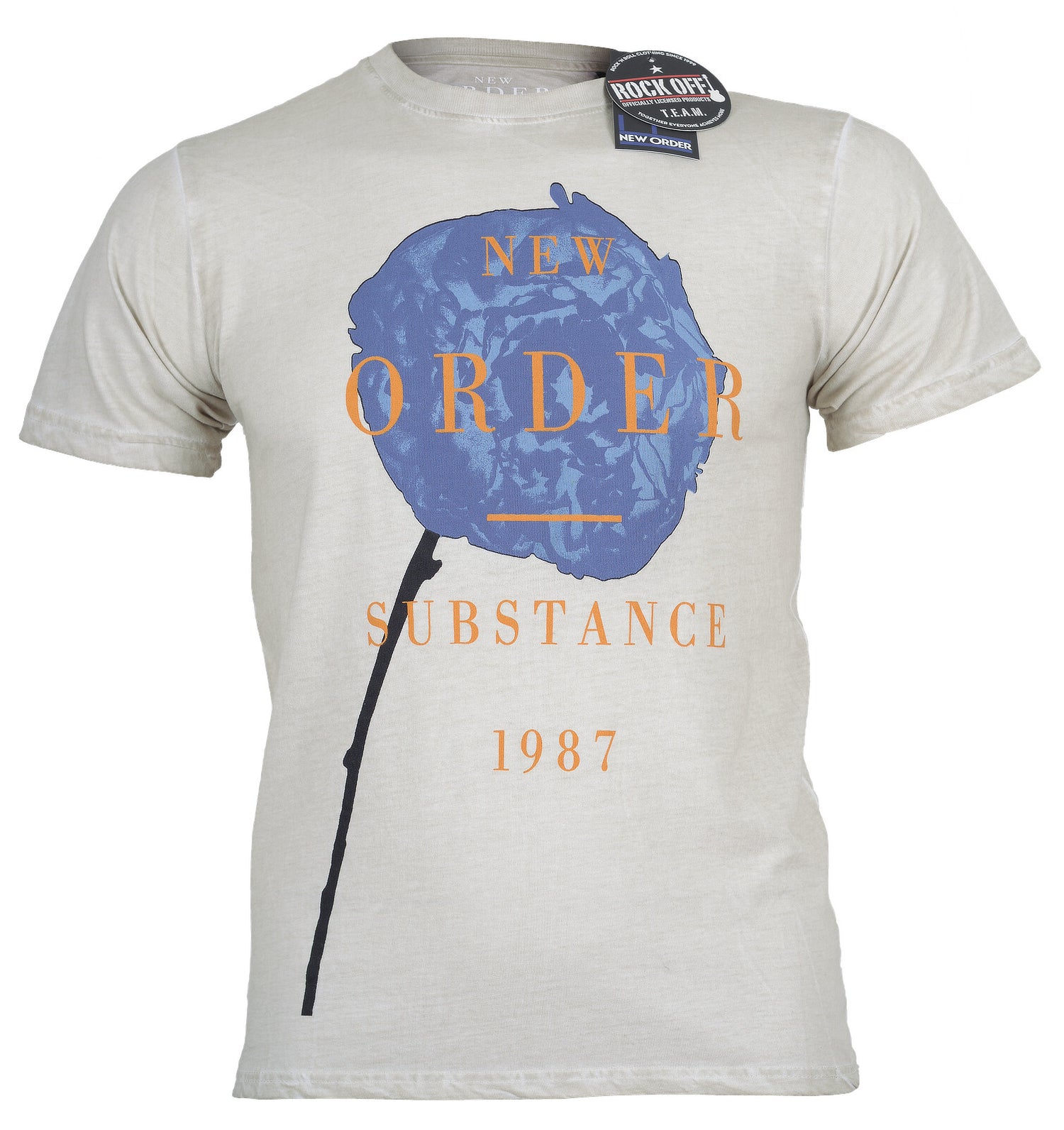 a grey official New Order dip dye t shirt with Spring substance graphic on the front