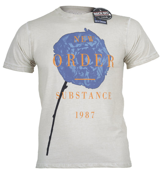 a grey official New Order dip dye t shirt with Spring substance graphic on the front