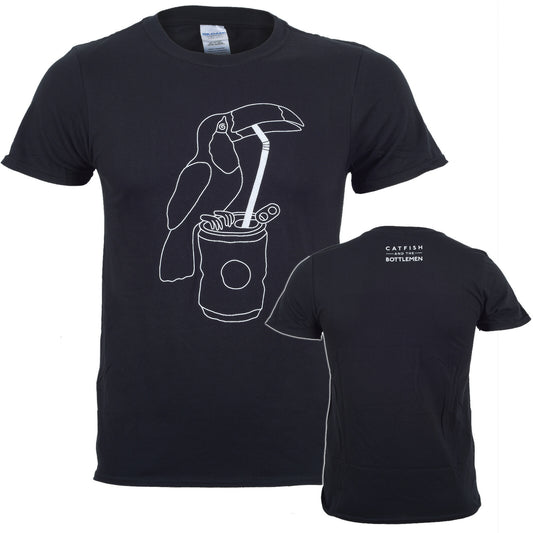 official Black catfish and the bottlemen t shirt with front and back print. Toucan drinking from a soda can on front adn band logo on back 