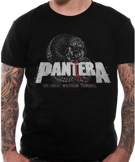 Pantera officially licensed black cotton t shirt with snake graphic band logo and the great southern trendkill text on front