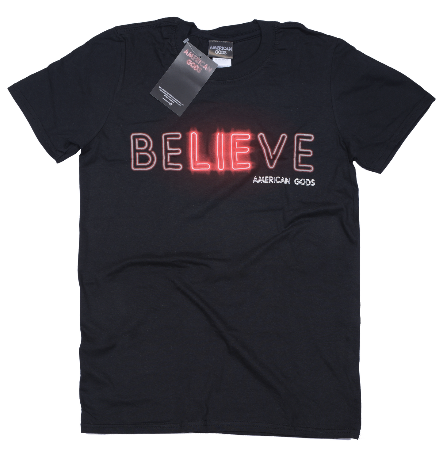 Official American Gods Black t-shirt with 'BELIEVE' text and American Gods logo on a white background