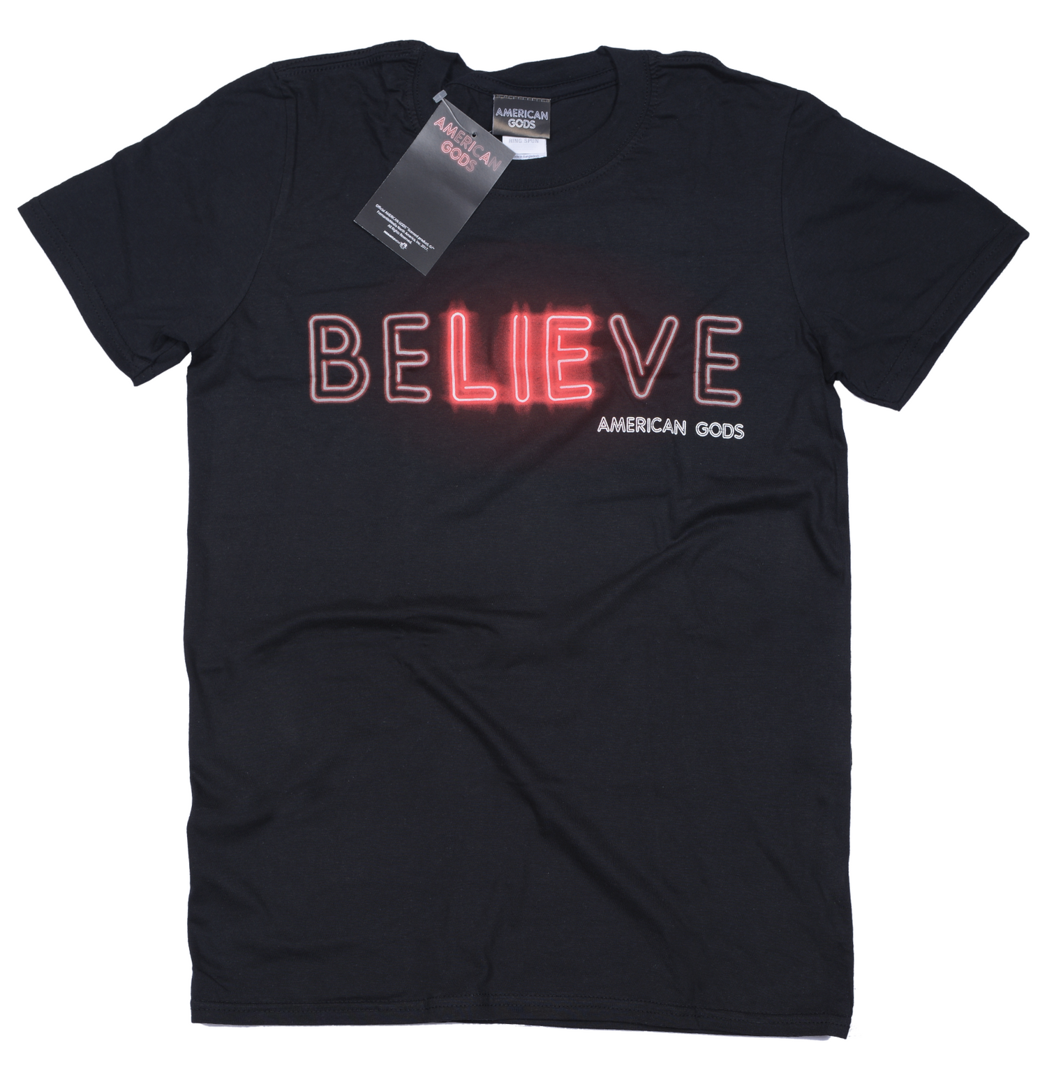 Official American Gods Black t-shirt with 'BELIEVE' text and American Gods logo on a white background