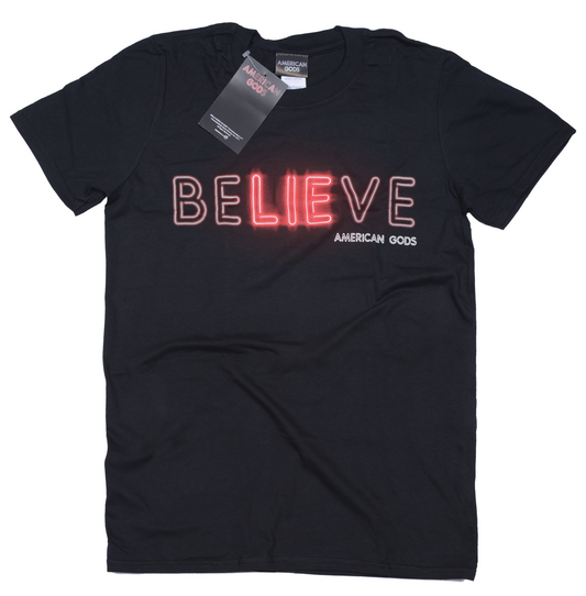 Official American Gods Black t-shirt with 'BELIEVE' text and American Gods logo on a white background