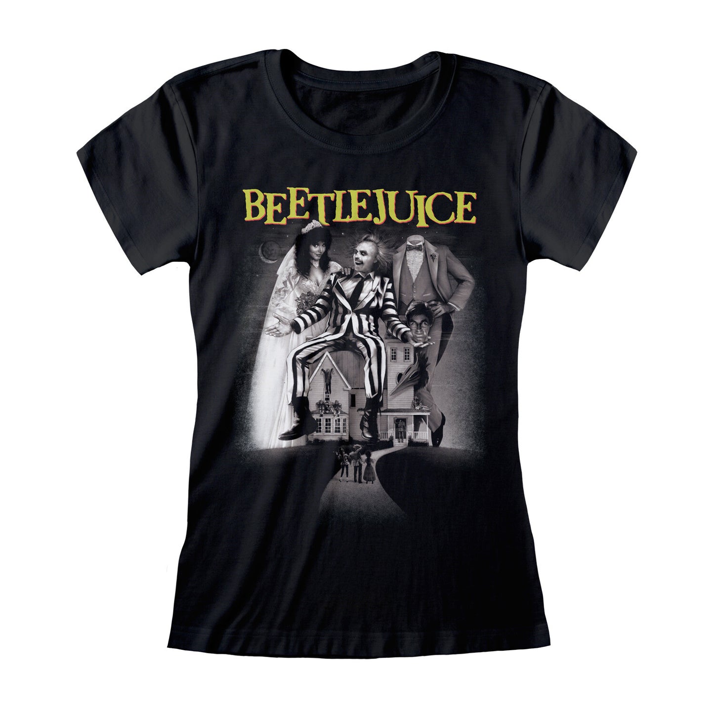 An officiailly licensed Ladies black Beetlejuice Movie Poster t shirt