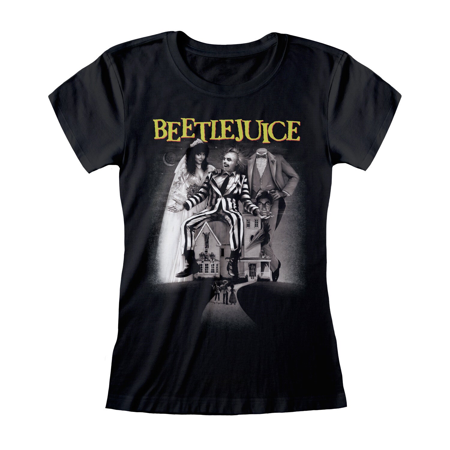 An officiailly licensed Ladies black Beetlejuice Movie Poster t shirt