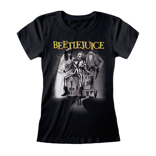 An officiailly licensed Ladies black Beetlejuice Movie Poster t shirt