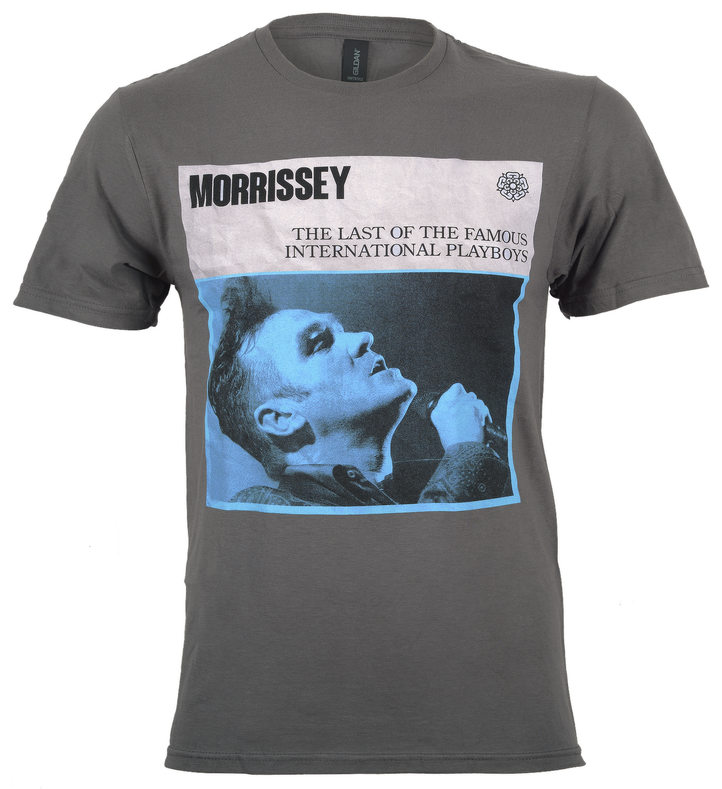 Gray official Morrissey t-shirt with Morrissey photo graphic and The last of the international playboys text on front