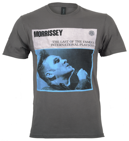 Gray official Morrissey t-shirt with Morrissey photo graphic and The last of the international playboys text on front