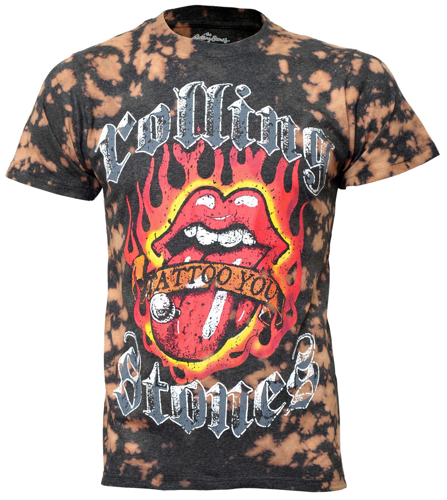 Official Rolling Stones Tattoo You Flames Bleach Wash T-Shirt — Mick Jagger Keith Richards Lips Logo Start Me Up 1981