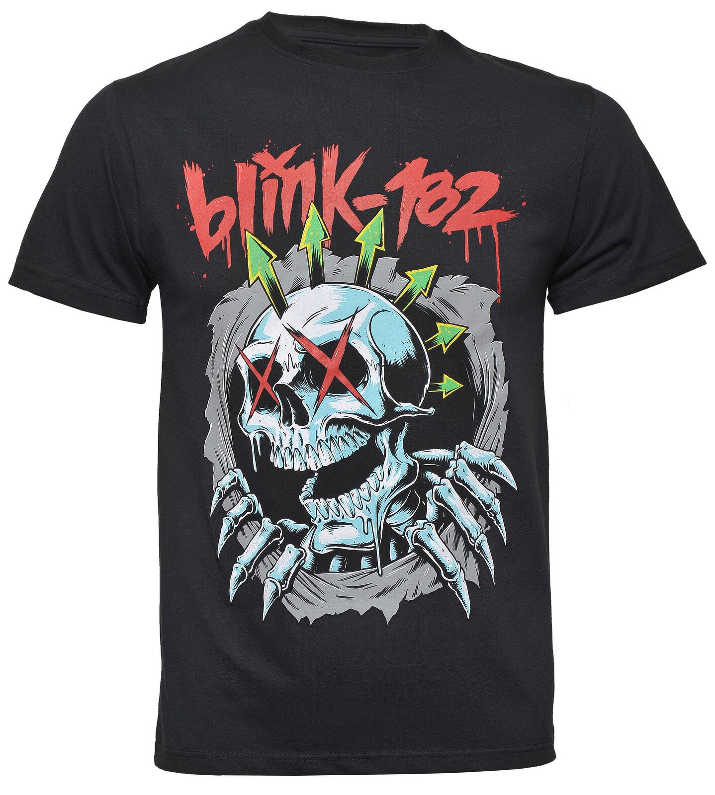 Black official Blink-182 t-shirt with classic 6 arrow skull design and the word 'blink-182' on the front