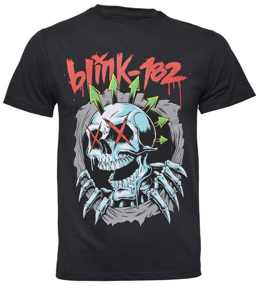 Black official Blink-182 t-shirt with classic 6 arrow skull design and the word 'blink-182' on the front