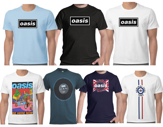 7 different styles of official oasis t shirts