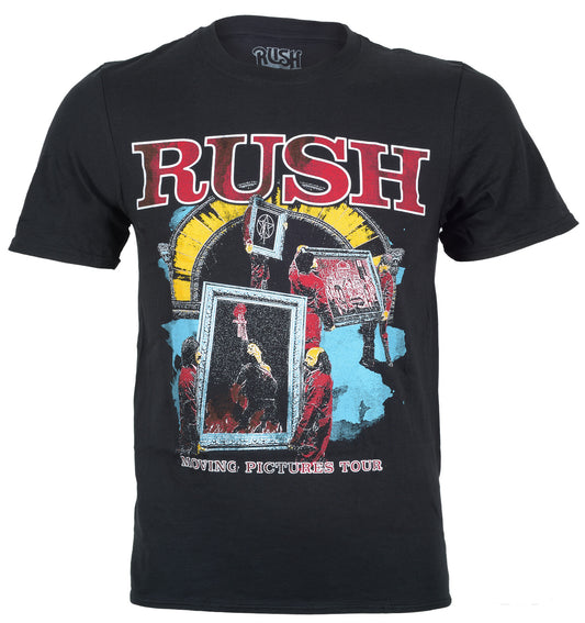 Black t-shirt with Rush band logo  graphic album cover art and Moving Pictures Tour text on the front