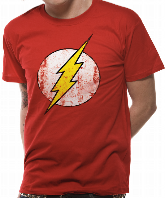 Red official DC Comics The Flash t-shirt with a yellow lightning bolt Flash superhero design on the front