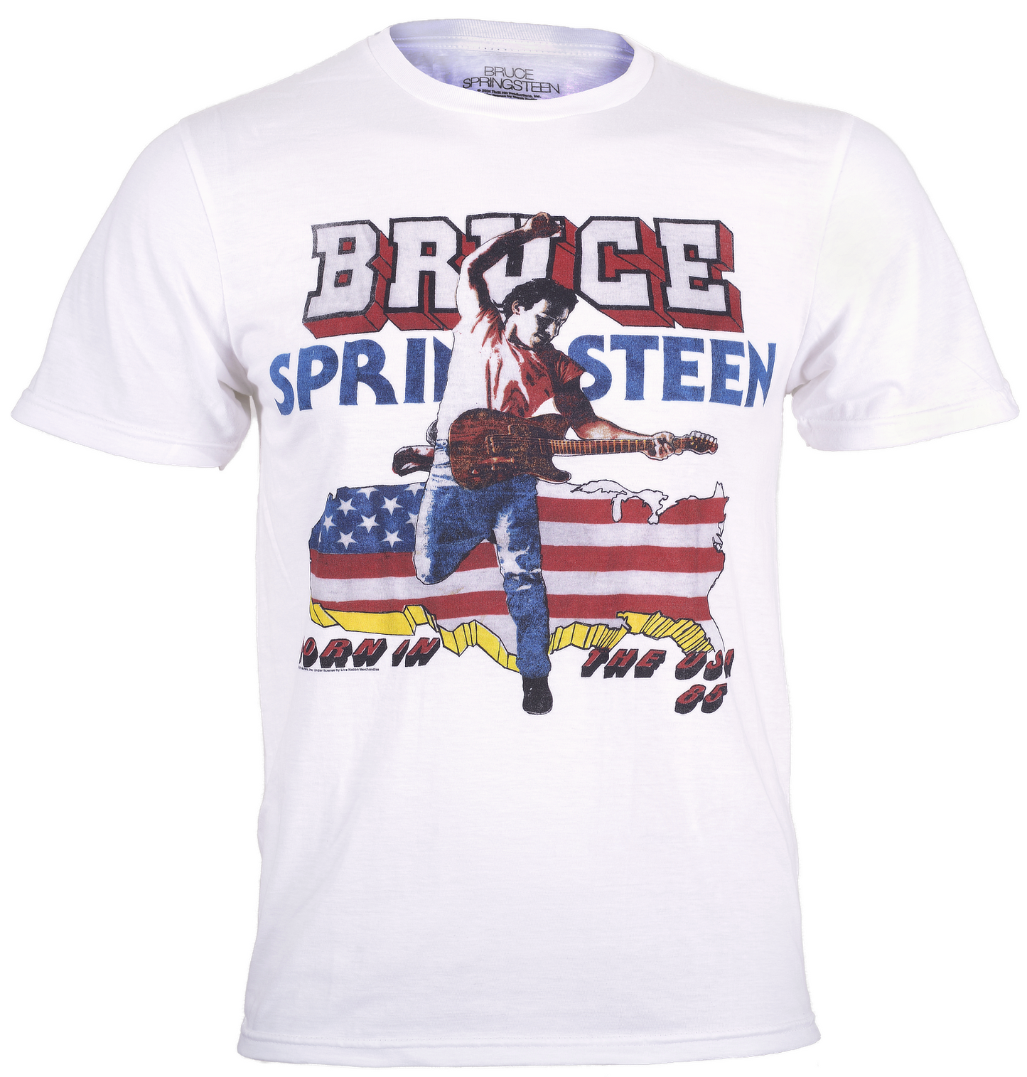 White Bruce Springsteen t-shirt with Bruce Springsteen Born In The USA tour '85 graphic design on the front