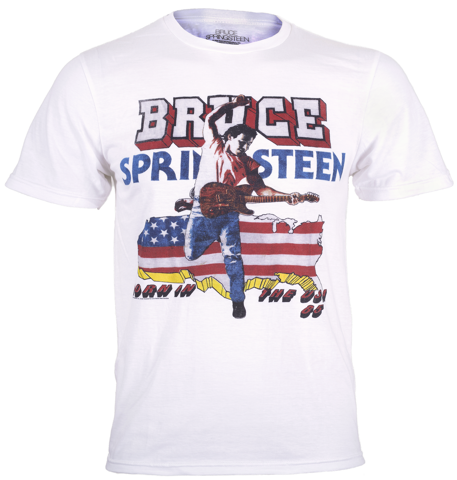 White Bruce Springsteen t-shirt with Bruce Springsteen Born In The USA tour '85 graphic design on the front