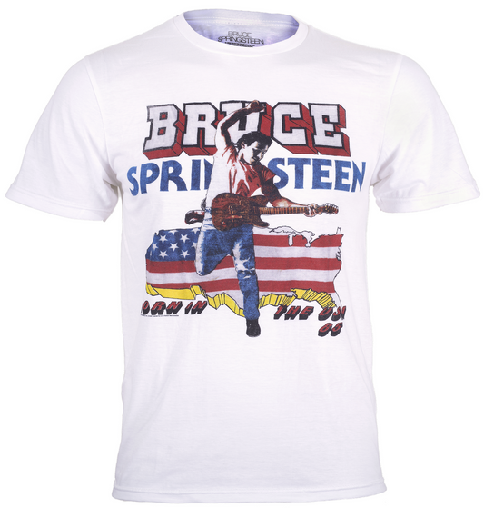 White Bruce Springsteen t-shirt with Bruce Springsteen Born In The USA tour '86 graphic design on the front