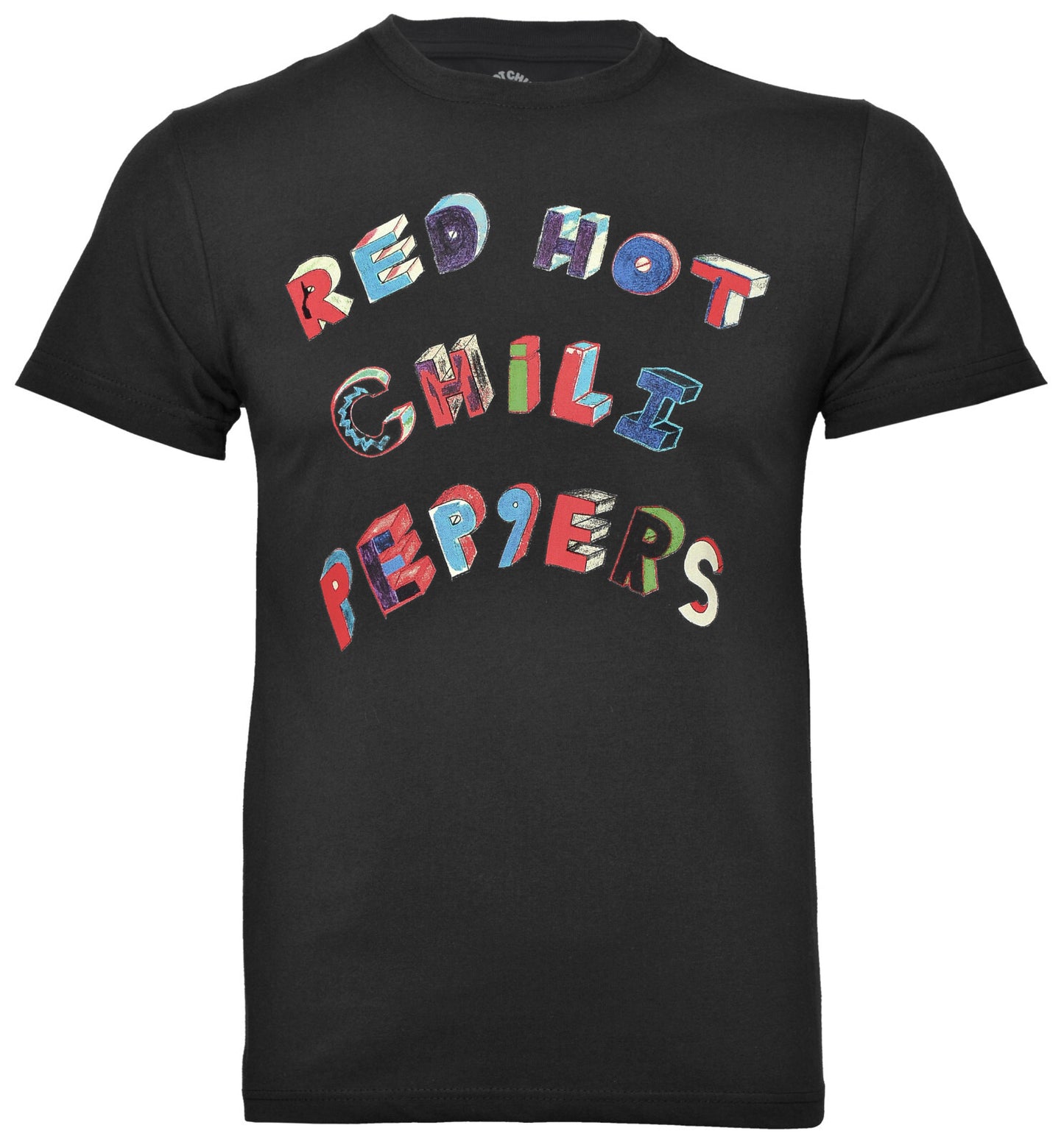 re hot chili peppers official black t shirt with colourful letters spelling red hot chili peppers on the front