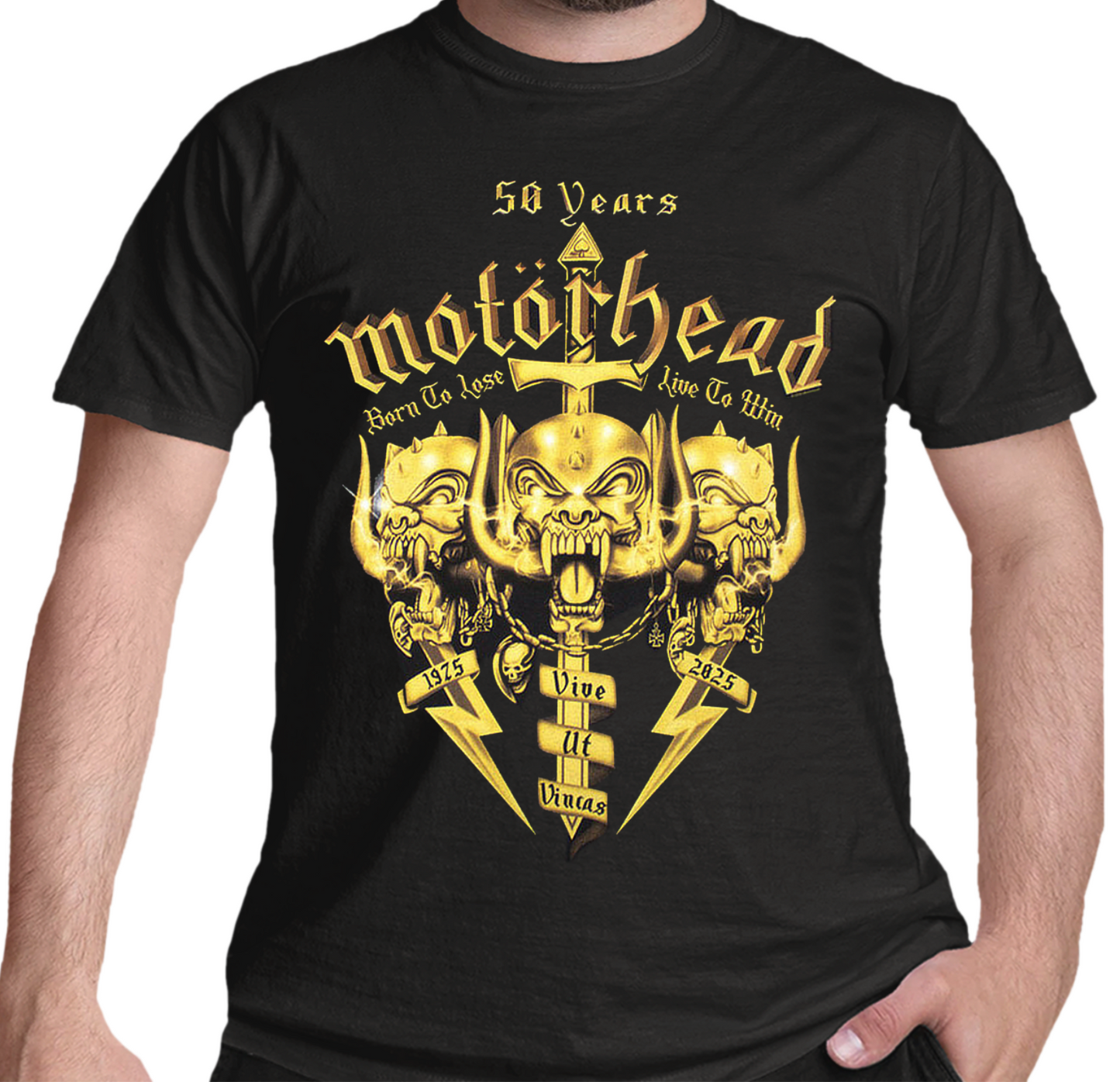 Black t-shirt with gold 'Motörhead' 50th anniversary swords logo and text on a white background