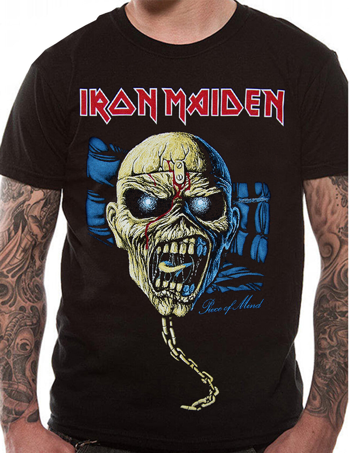 Black official Iron Maiden T Shirt with a a colour print of Piece of Mind Album art