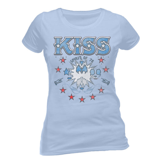 A light blue official ladies Kiss T Shirt with Kiss logo and Spirit of '76 graphic print on the front 