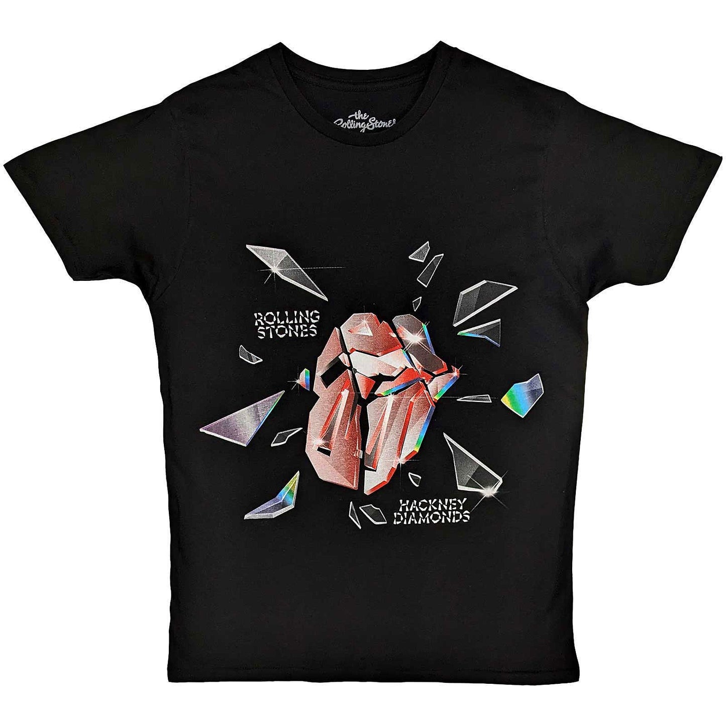 Official Rolling Stones Hackney Diamonds Explosion Black T-Shirt — Mick Jagger Keith Richards Tongue Logo Shattered Glass Rock Off