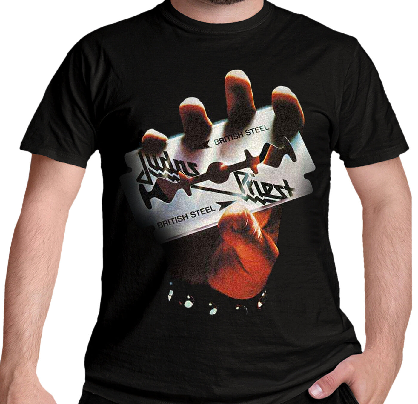a black official judas priest t shirt with the brittish steel album cover art of a hand holding a razor blade with judas priest on it