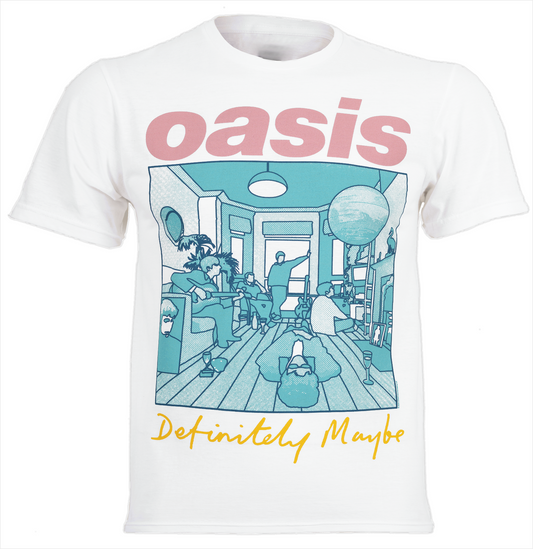 official Oasis T Shirt white with definitely maybe colour print graphic on the front